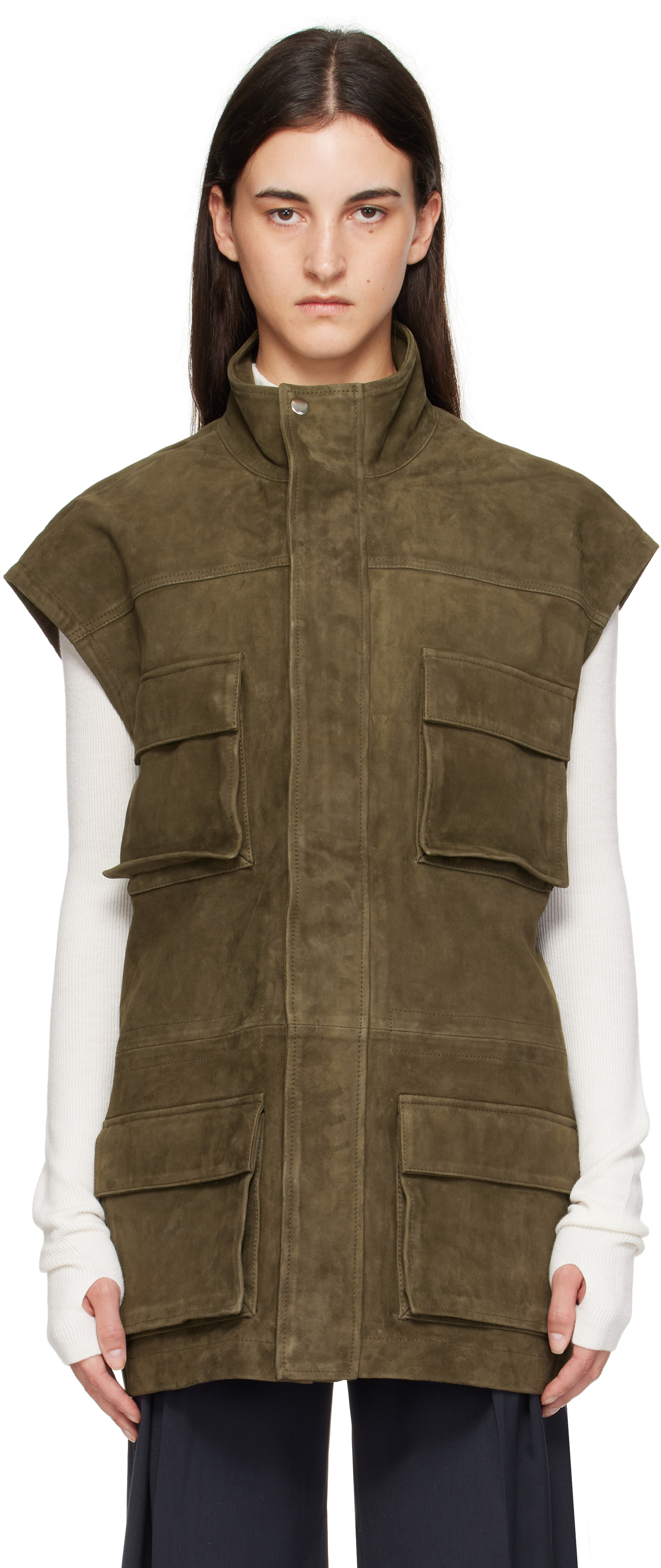The Frankie Shop Khaki Turin Cargo Suede Vest | SSENSE