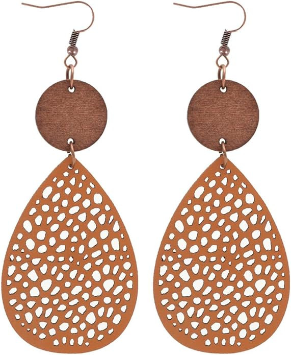 Vintage Boho Wooden Leather Dangle Earrings Handmade Heart Round Flower Water Drop Shape Retro Ho... | Amazon (US)