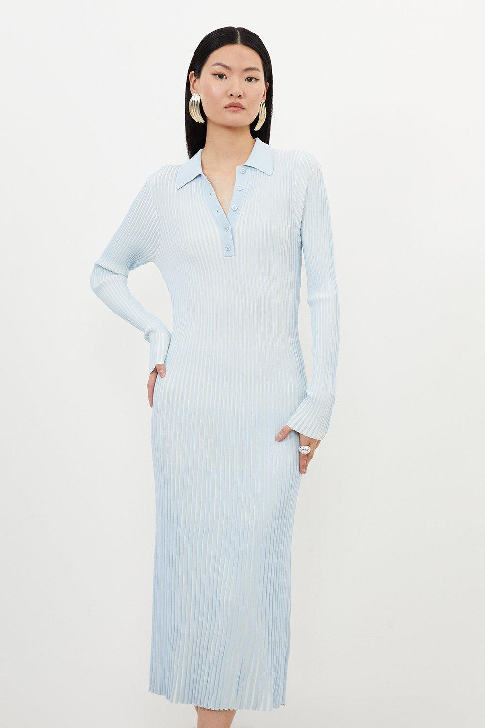 Premium Viscose Blend Plaited Knit Midi Polo Dress | Karen Millen | Karen Millen UK + IE + DE + NL