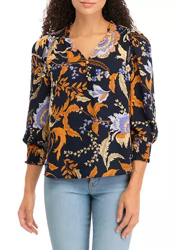 Petite 3/4 Puff Sleeve Woven Printed V-Neck Blouse | Belk