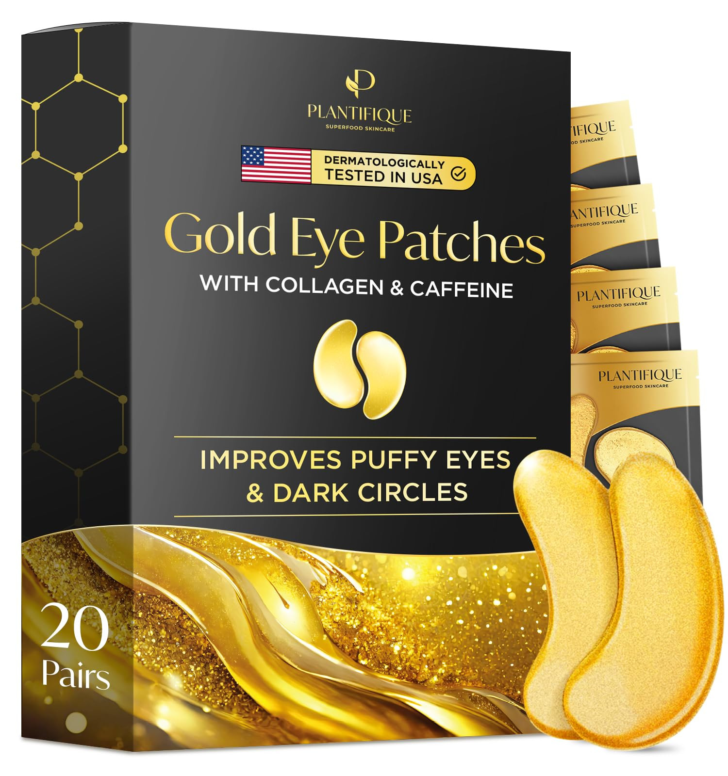 PLANTIFIQUE Gold Eye Patches for Puffy Eyes | 20 Pairs | Gifts | Under Eye Masks for Dark Circles... | Amazon (US)