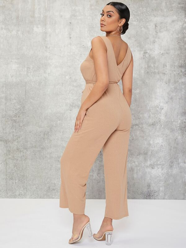 SHEIN BASICS Maternity Solid Rib-knit Belted Jumpsuit | SHEIN