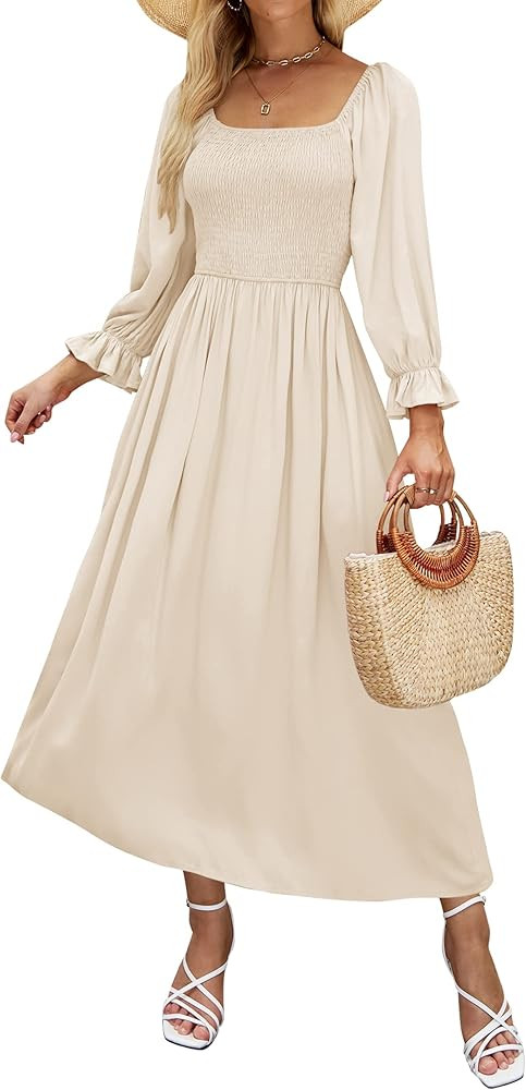 ZESICA Women's Casual Square Neck 3/4 Puff Sleeve Solid Color Smocked High Waist Flowy Midi Dress | Amazon (US)