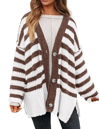PRETTYGARDEN Women's Striped Cardigan Sweaters Long Sleeve Button Down Chunky Knit Oversized Fall... | Amazon (US)