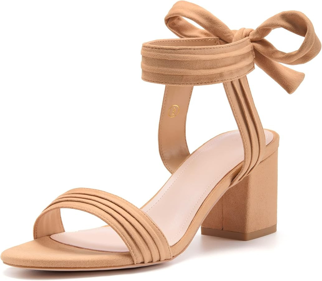 Coutgo Womens Open Toe Ankle Tie Back Low Block Chunky Heels Sandals Party Dress Pumps Shoes | Amazon (US)