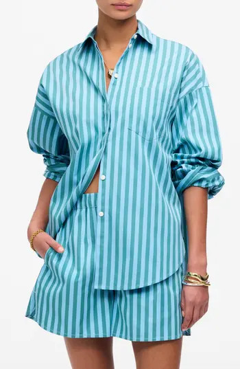 Madewell Stripe Boxy Button-Up Shirt in Bayside Stripe/Cool Aqua at Nordstrom Rack, Size Medium | Nordstrom Rack