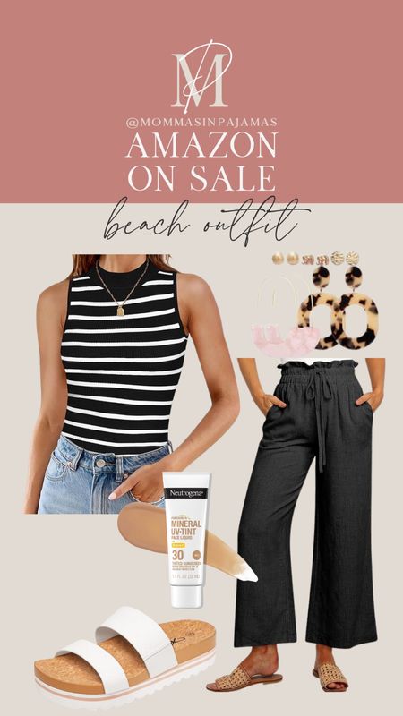 Beach outfit inspo on sale on Amazon. This is also a great vacation outfit or dress it up as a date night outfit. My #1 best selling Amazon black linen pants paired with a black and white striped tank. Statement earrings in pink and leopard print, SOF makeup foundation is a must for any time outside in the summer, and white strap sandals.

#LTKsalealert #LTKSeasonal #LTKFestival