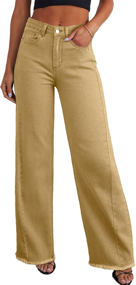 Sidefeel Women's Wide Leg Jeans High Waisted Strechy Raw Hem Zimbaplatinum Denim Pants | Amazon (US)