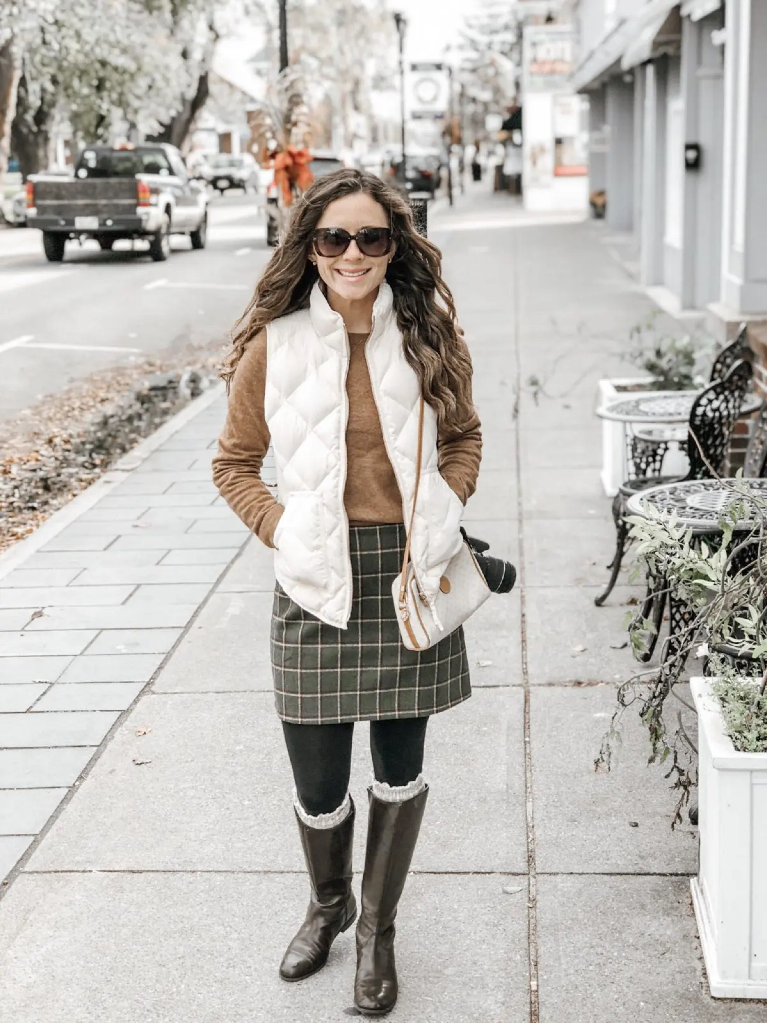 Fall in New England - Layered outfit - cashmere sweater, quilted cream vest, plaid mini skirt, tights, ruffle boot socks tall, riding boots 

#LTKFindsUnder100 #LTKFindsUnder50 #LTKSeasonal