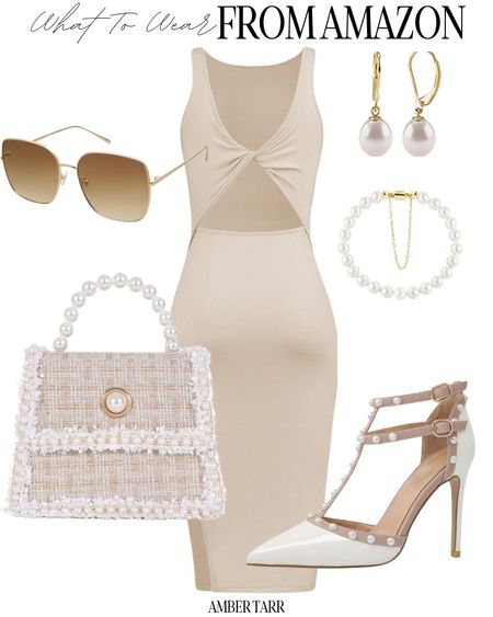 Neutral feminine outfit for summer or spring. Cut out dress, pearl accessories and heels. 

#LTKover40 #LTKfindsunder100 #LTKfindsunder50