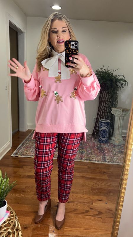 Gingerbread sweatshirt..:wearing size XXL for oversized fit.
Plaid pants. Bow collar. Christmas outfit. 

#LTKmidsize #LTKHoliday #LTKover40