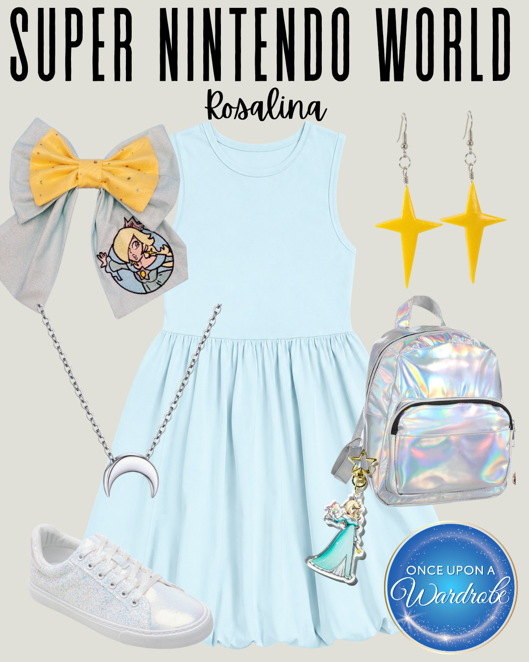 A Rosalina outfit inspired by Super Nintendo World with a light blue dress, silver glitter sneakers, star earrings, crescent moon necklace, holographic backpack, and a Rosalina hair bow. This cute Nintendo outfit for women works for Universal Studios, Super Nintendo World, character-inspired park outfits, or a subtle Rosalina cosplay. Shop the full look and individual pieces below! 

 #LTKootd #LTKTravel