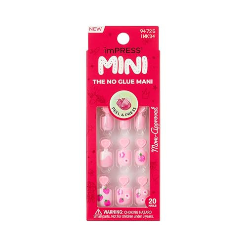 Kiss Impress No Glue Mani Press On Nails, Mini, 'Berry Cute', Pink, Kids Size, Squoval Shape, Includes 20 Nails, 1 Mini File | Amazon (US)