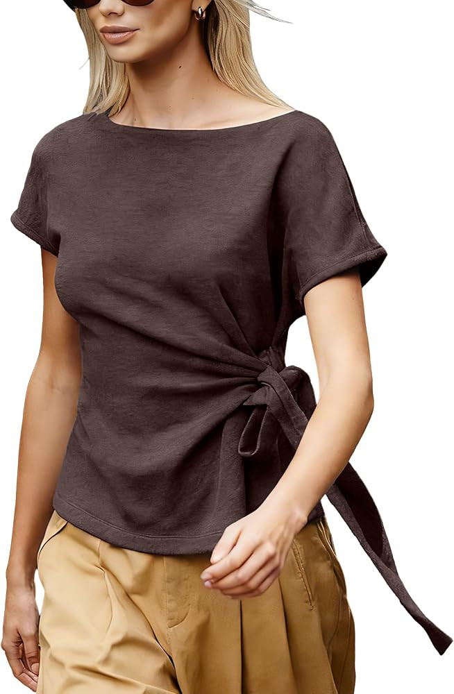 Womens Short Sleeve Knit Top Crewneck Tied Knot Tunic Wrap Tops Knit Pullover | Amazon (US)