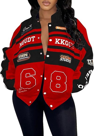 Angsuttc Varsity Jacket Women Motorcycle Detachable Letter Graphic Racer Jackets Vintage Color Bl... | Amazon (US)