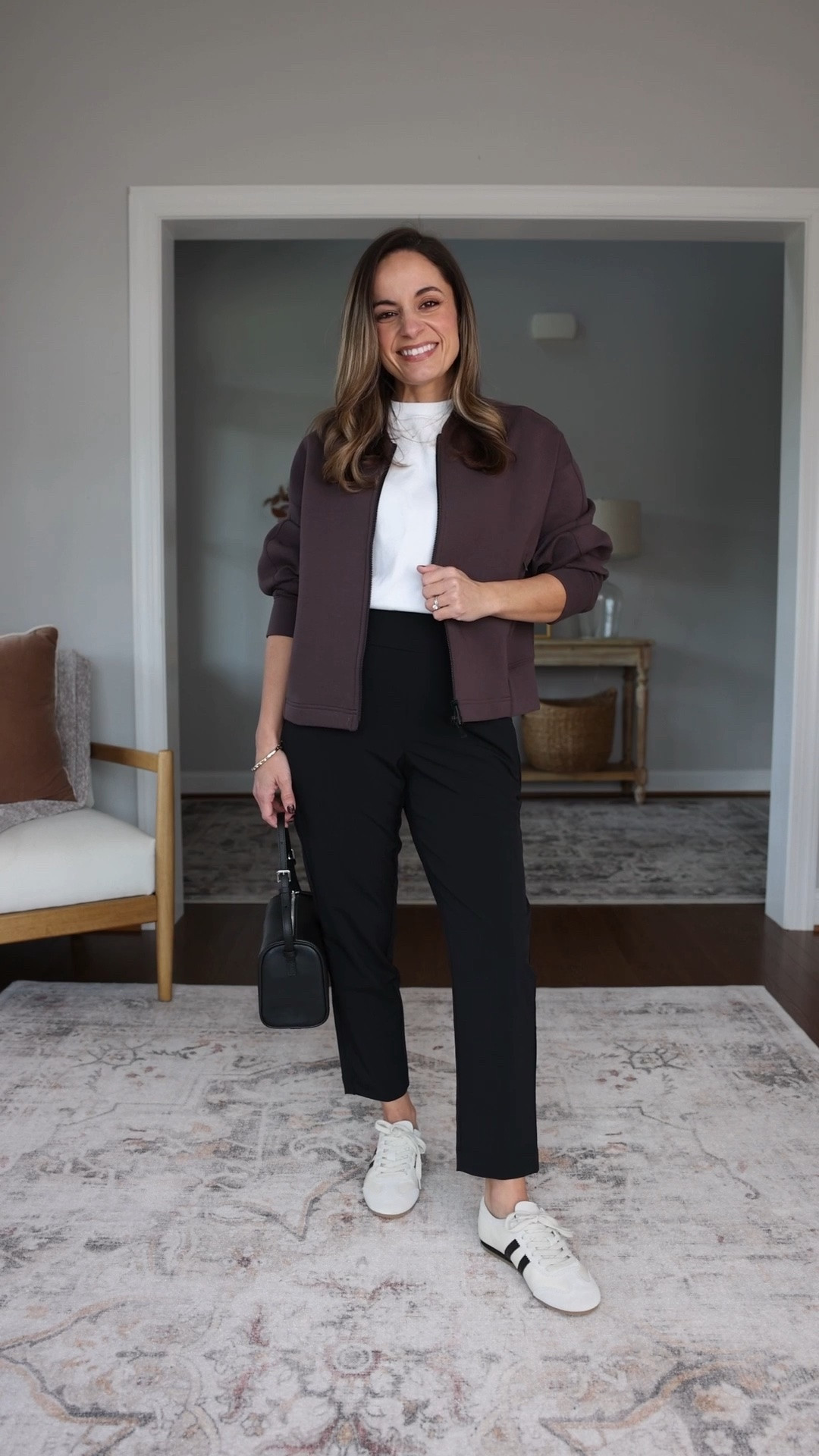 The Brooklyn Pants from Athleta are a 10/10 when it comes to fit and proportion. Lightweight fabric, great for travel and casual outfits. They are mid rise with a 9.5” rise and a 25.5” inseam. True to size I’m wearing petite 00. 

Currently 30% off during the friends and family sale!

Jacket: petite xs 
T-shirt: petite xs

#LTKPetite #LTKSaleAlert