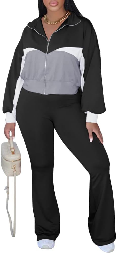 HBQ Women's Color Block 2 Piece Tracksuit Sets Long Sleeve Zip Up Crop Jacket and Flare Pants Cas... | Amazon (US)