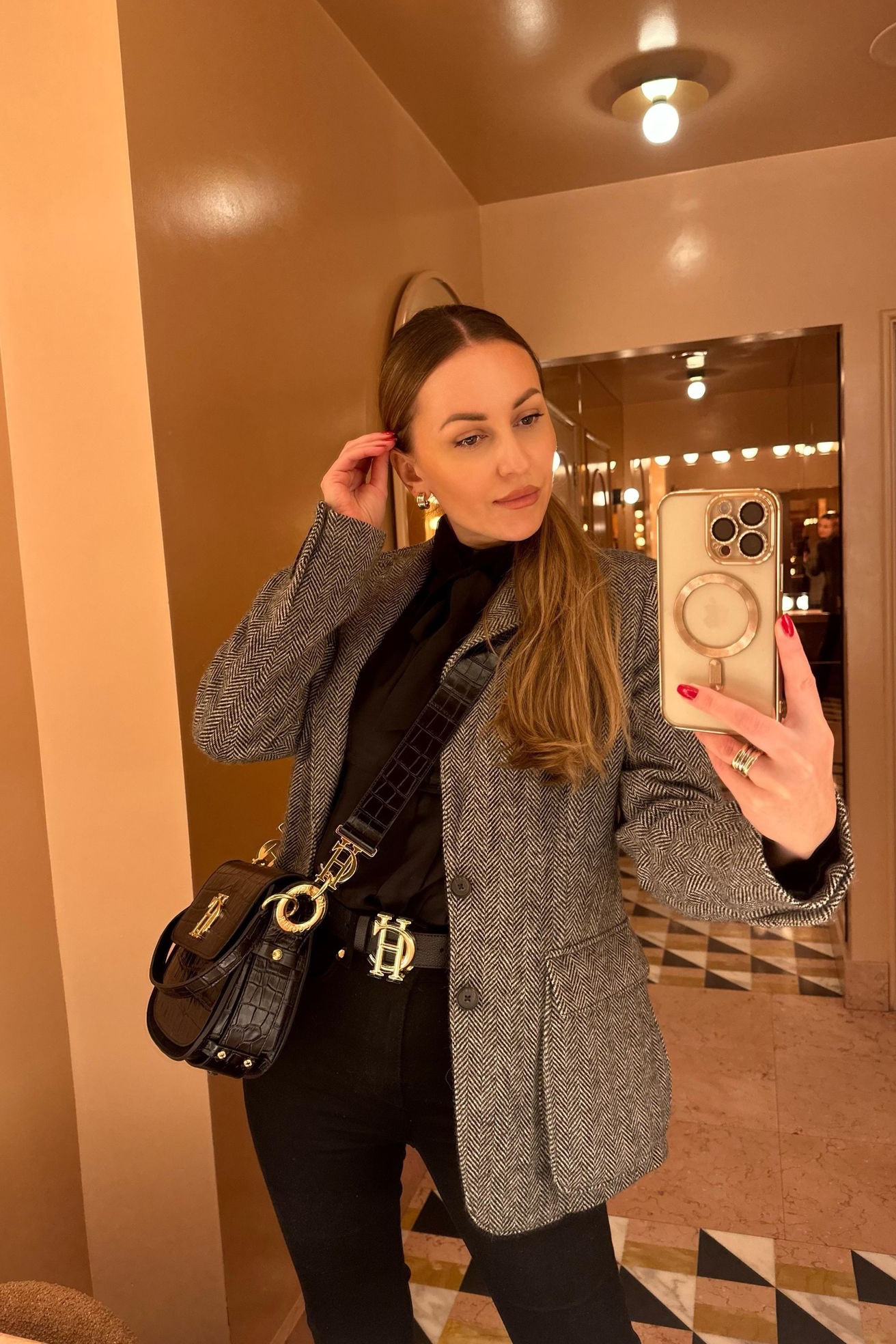 Grey fitted blazer, office outfit ideas, black skinny jeans, gold buckle belt, turtleneck, croc leather bag, saddle bag, gold statement ring, spiral ring, Holland copper, wolf&badger, cos, Karen Millen 

#LTKstyletip #LTKSeasonal #LTKeurope