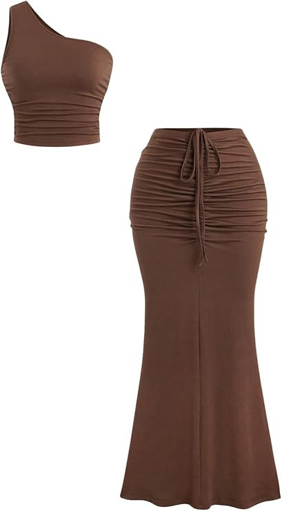 SHENHE Women's 2 Pieces Outfits Ruched Clothing Set One Shoulder Crop Tee and Fishtail Maxi Skirt... | Amazon (US)