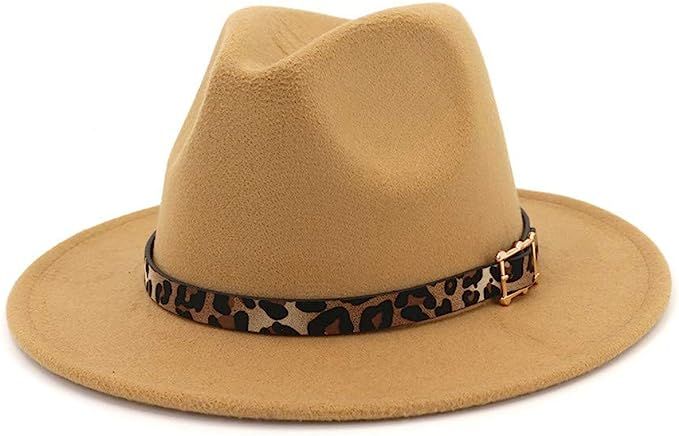 HUDANHUWEI Women's Wide Brim Felt Fedora Panama Hat with Leopard Belt Buckle | Amazon (US)