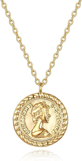 VACRONA Coin Necklace 18k Gold Plated Vintage Textured Medallion Coin Pendant Round Circle Disk D... | Amazon (US)