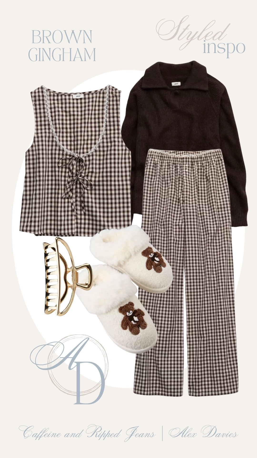 // brown gingham outfit // brown gingham // fall loungewear // fall pajamas // teddy bear slippers // gold clip // brown sweatshirt // 

#LTKSaleAlert #LTKSeasonal #LTKFallSale