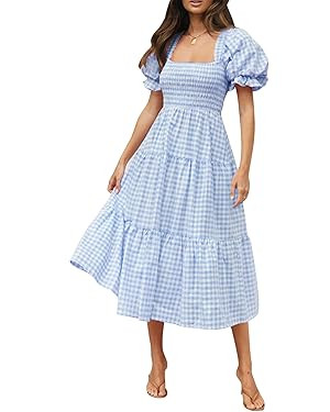 ZESICA Women's 2024 Bohemian Summer Plaid Square Neck Puff Sleeve Ruffle Flowy Beach Midi Dress | Amazon (US)
