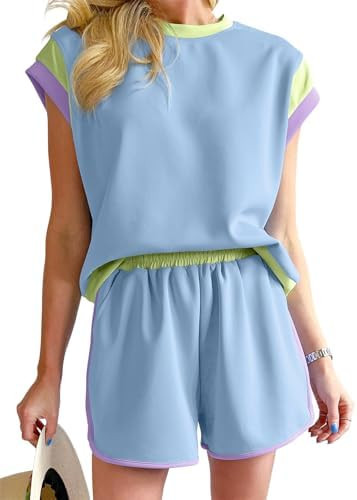 SHEWIN Women's Two Piece Lounge Sets Casual Short Sleeve Pullover Tops Matching Shorts Loungewear... | Amazon (US)