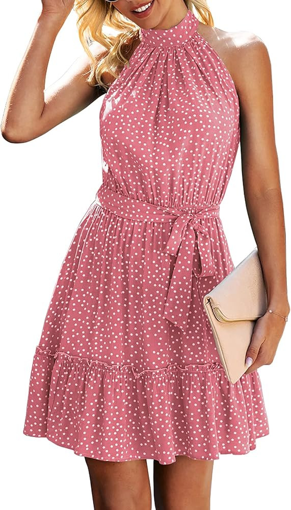 BTFBM Women Floral Dresses Casual Summer Sleeveless Halter Neck Ruffle Belt Boho Polka Dot Leopar... | Amazon (US)