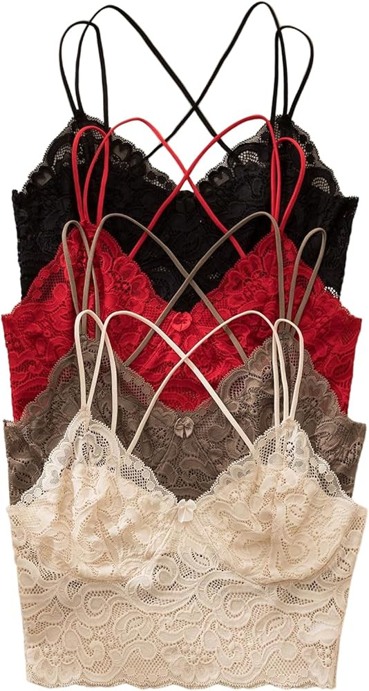 OYOANGLE Women's 4 Pack Lace Bralettes Criss Cross Cami Bras Unlined Wireless Comfortable Everyda... | Amazon (US)