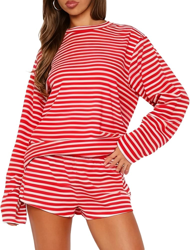 RUEWEY Women Striped Pajamas Set Crewneck Long Sleeve Loose Top Shorts Two Piece Lounge Sets | Amazon (US)