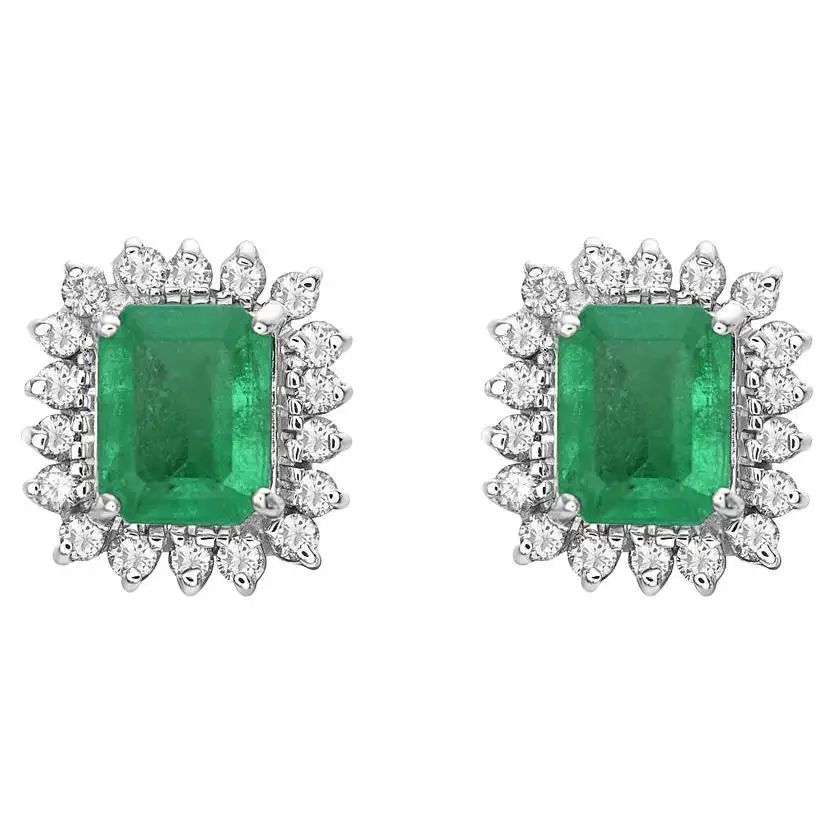 2. 25 Ct Colombian Emerald Cut Emerald & Diamond Earrings 18 Karat White Gold | 1stDibs
