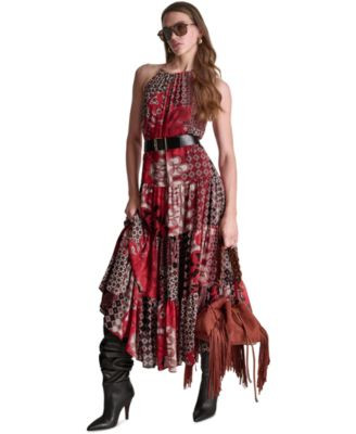 Bcbg Women's Patchwork Chiffon Halter Maxi Dress with Tiered Skirt - Fire lily Multi | Macy's