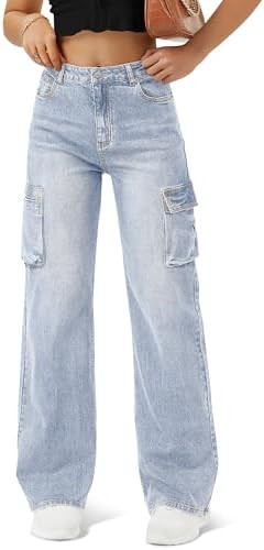 Women High Waisted Cargo Jean for Women with 6 Pockets Straight Wide Leg Jean Casual Baggy Pants | Amazon (US)
