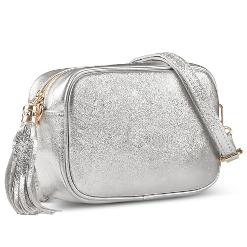 Italian Genuine Metallic Suede Crossbody Bag for Women with Zipper | Small Leather Camera Purse Shoulder Handbag Pocketbook (Metallic Silver) | Amazon (US)