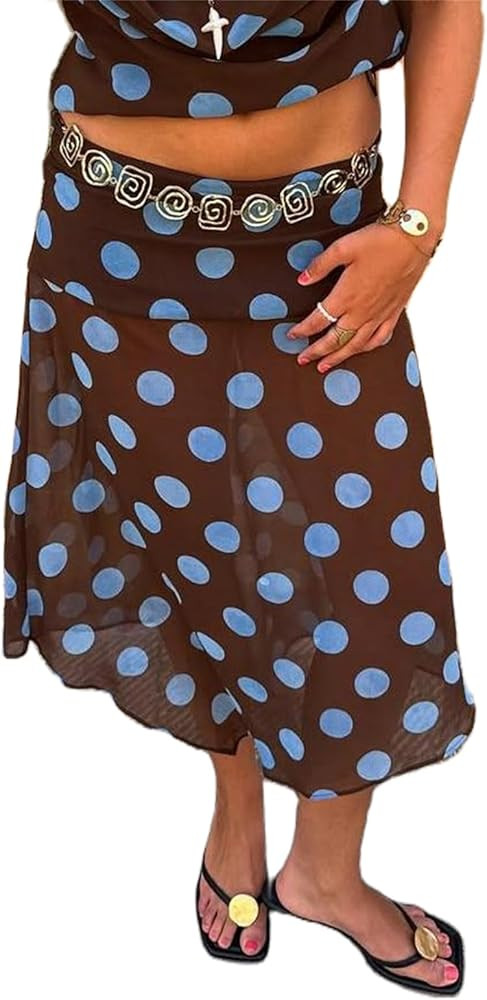 Alyweatry Women Polka Dot Midi Skirt Y2k Low Waist Semi Sheer Asymmetrical Hem Summer Flowy Midi ... | Amazon (US)