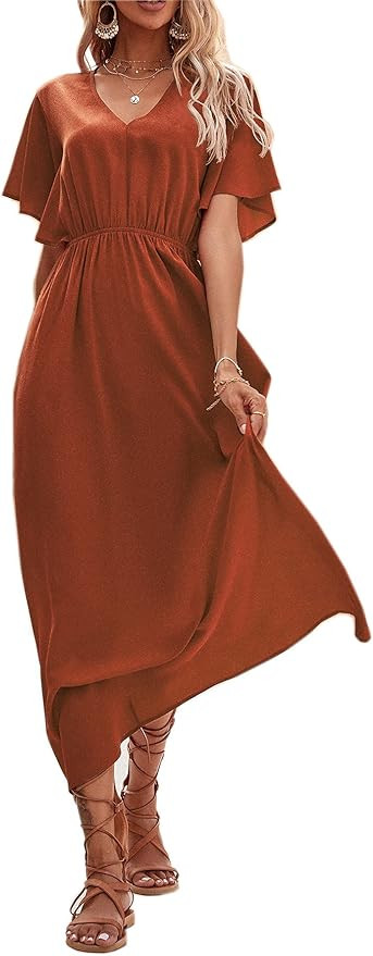 Romwe Women's Floral Print Deep V Neck 3/4 Sleeve A-Line Bohemian Tribal Boho Midi Dress | Amazon (US)