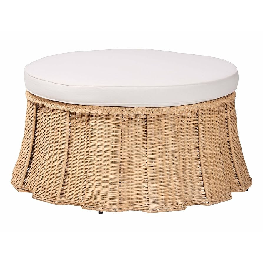 Bali & pari Ying Round Natural Rattan Ottoman with Cushion - Handwoven Wicker Pleated Skirt Accen... | Amazon (US)