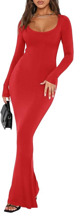 REORIA Womens Sexy Square Neck Long Sleeve Soft Lounge Long Dress Fall Casual Ribbed Bodycon Maxi... | Amazon (US)