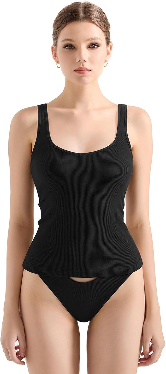 SUUKSESS Women Cotton Ribbed Built in Bra Tank Tops Summer Casual Basic Top | Amazon (US)