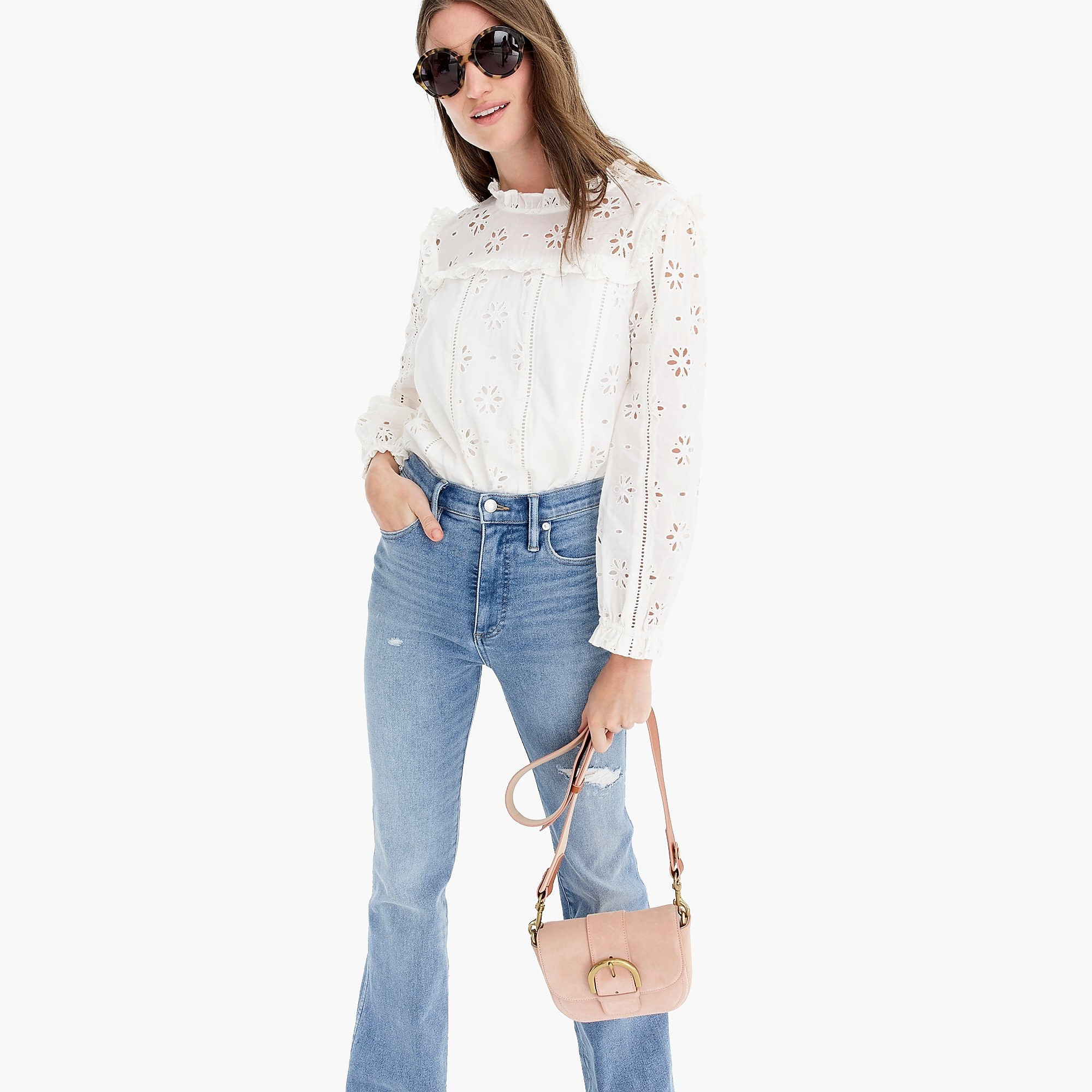 Long-sleeve ruffle-neck top in eyelet | J. Crew US