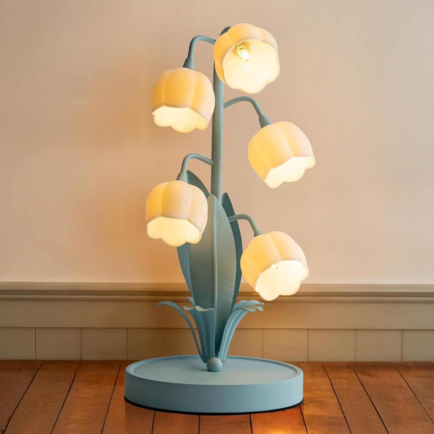 Flower Table Lamp, Lily of The Valley Lamp for Bedside Accent 3 Color Modes Cottagecore Soft Reading Night Light for Bedroom, Corner, Dorm, Entrance Home Vintage Decor (Powder Blue) | Amazon (US)
