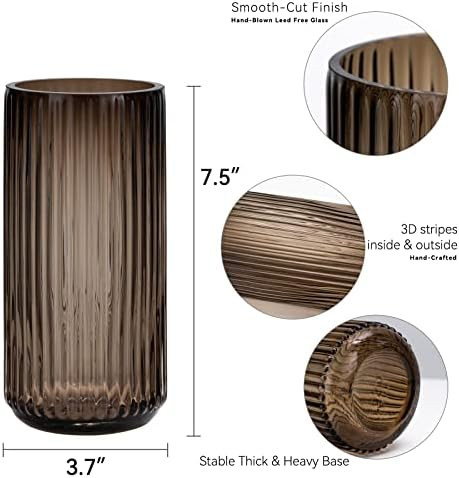 TIMEFOTO Flower Vase 7.5 inch Amber Thickened Hand Blow Glass Vase Round Vintage Striped Bottles ... | Amazon (US)