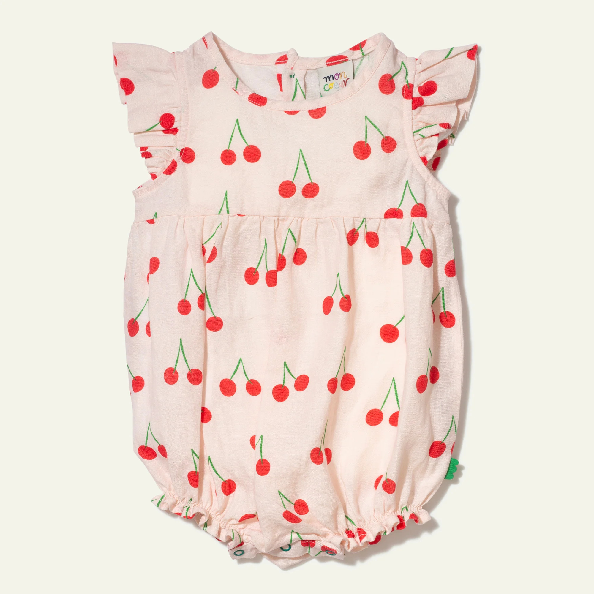 Linen Cherry Ruffle Baby Romper | Mon Coeur