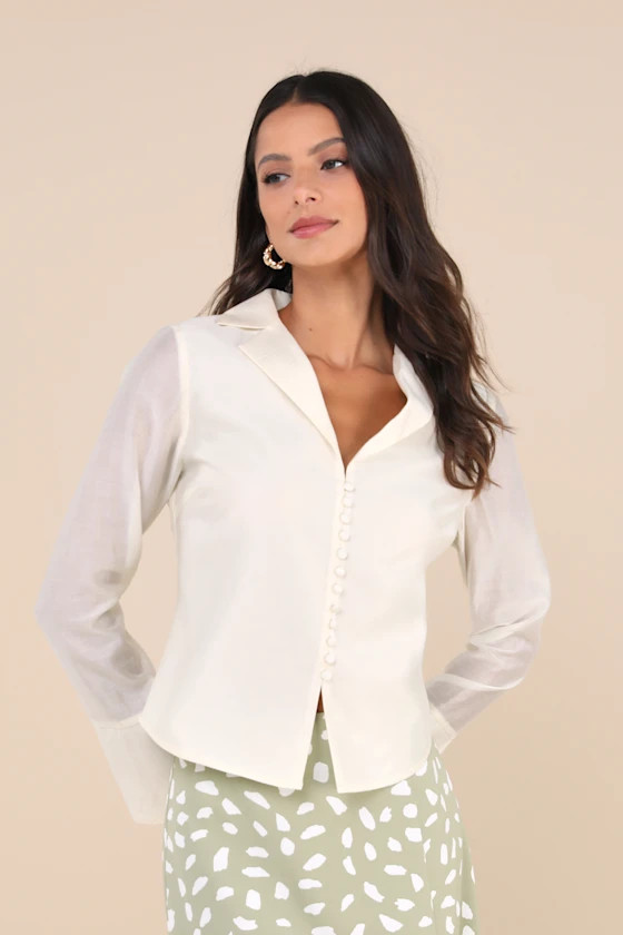 Poised Essence Ivory Collared Button-Up Long Sleeve Top | Lulus