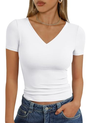 Trendy Queen Womens Basic V Neck Short Sleeve Spring T Shirts Slim Fit Crop Y2k Tee 2026 Summer G... | Amazon (US)