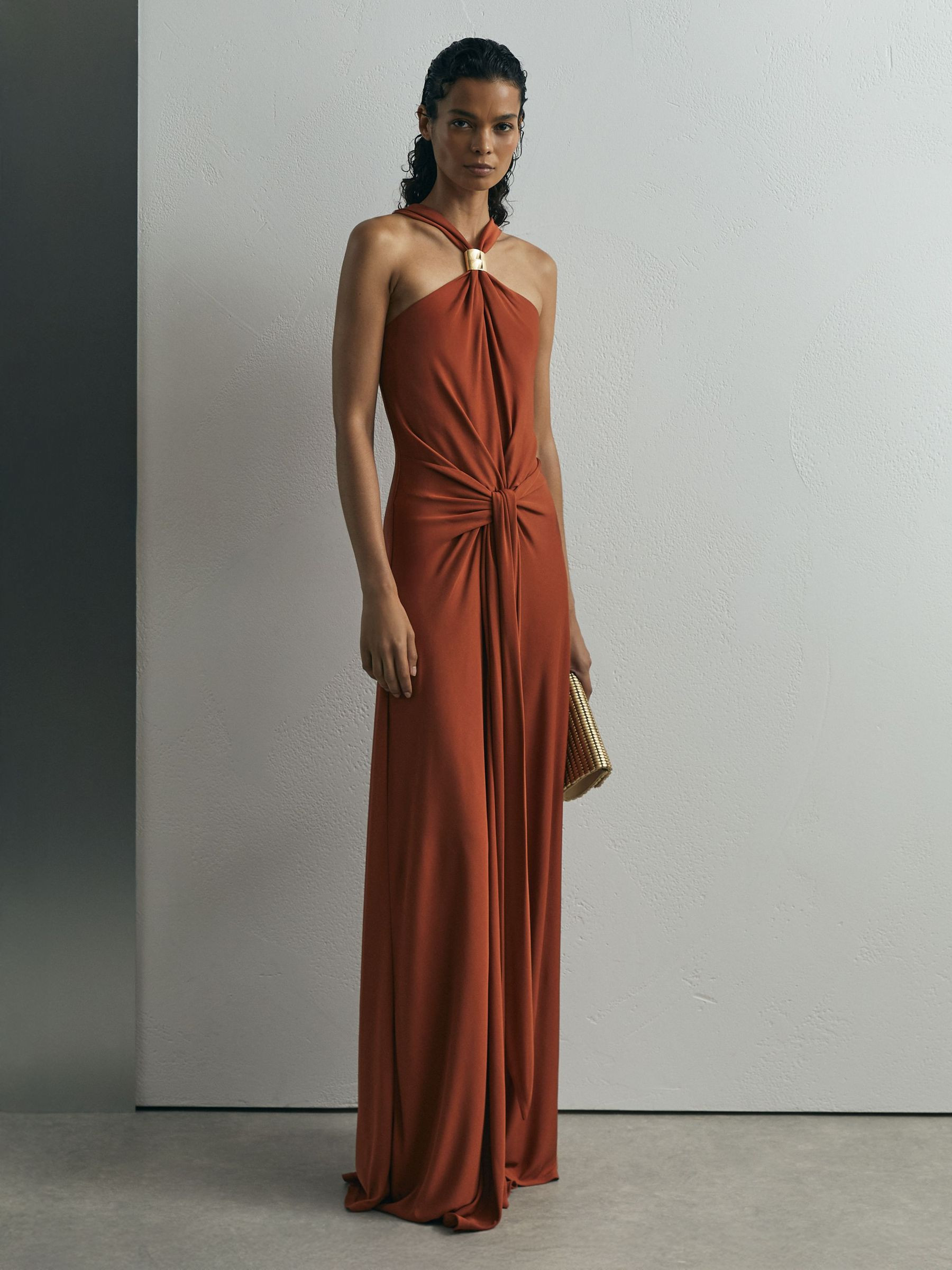 Atelier Hardware-Detail Draped Maxi Dress in Rust | Reiss UK