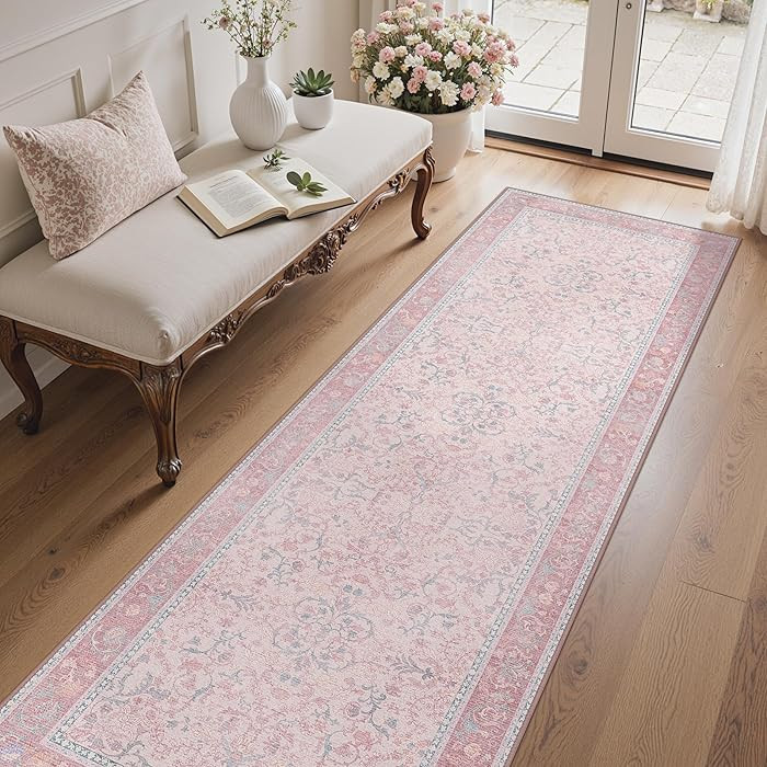 Bavni 2'6''x10 Runner Rug for Hallway Kitchen Non Slip Washable Pink Runner for Bathroom Laundry ... | Amazon (US)