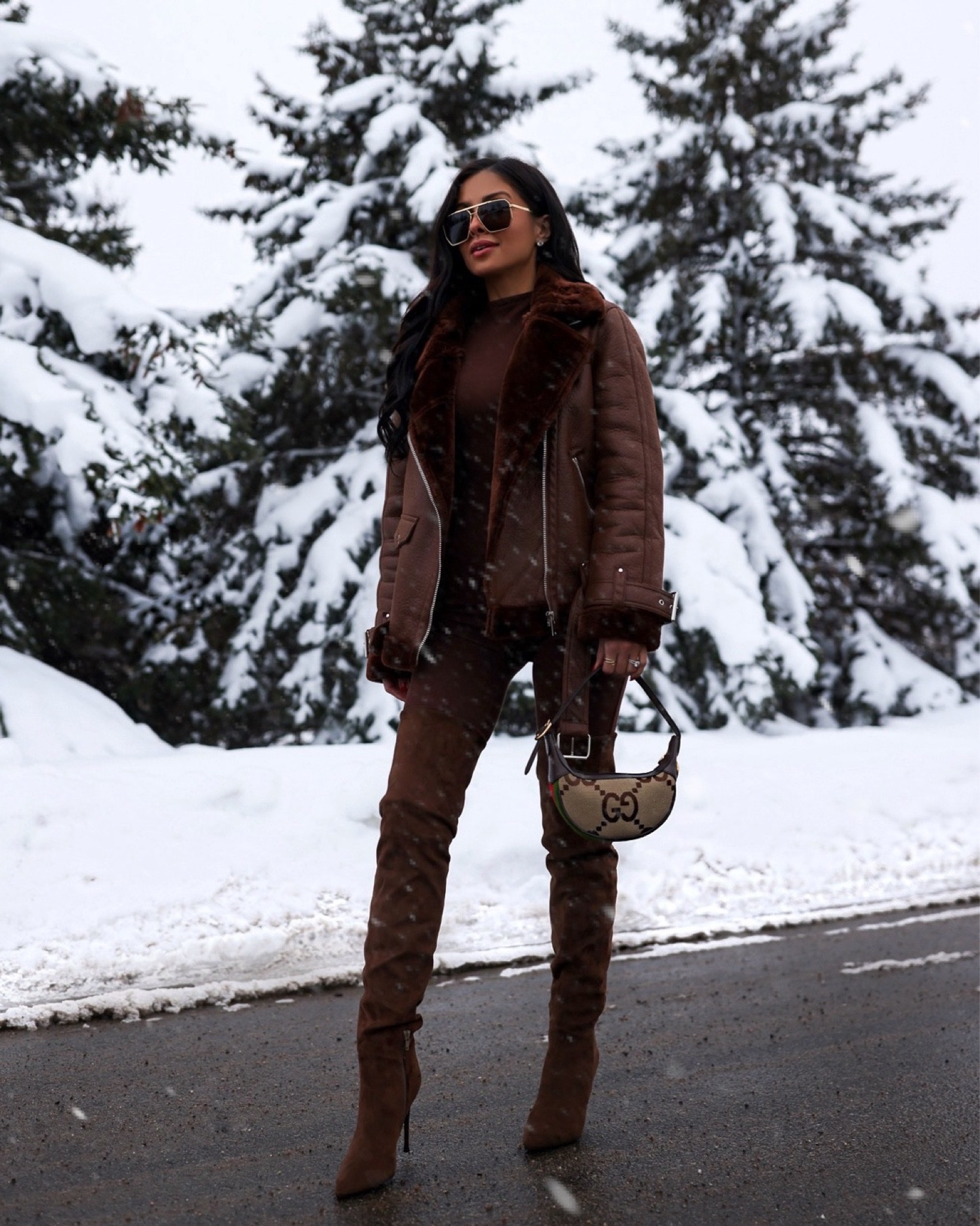 Winter outfit ideas / winter travel outfit 
Brown shearling moto jacket 
Naked wardrobe catsuit
Jeffrey Campbell over the knee boots 

#LTKFindsUnder100 #LTKShoeCrush #LTKSeasonal