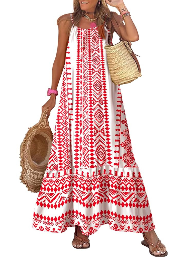 Dokotoo Women Summer Dresses 2025 Spaghetti Strap Scoop Neck Smocked Ruffle Flowy Boho Maxi Dress | Amazon (US)